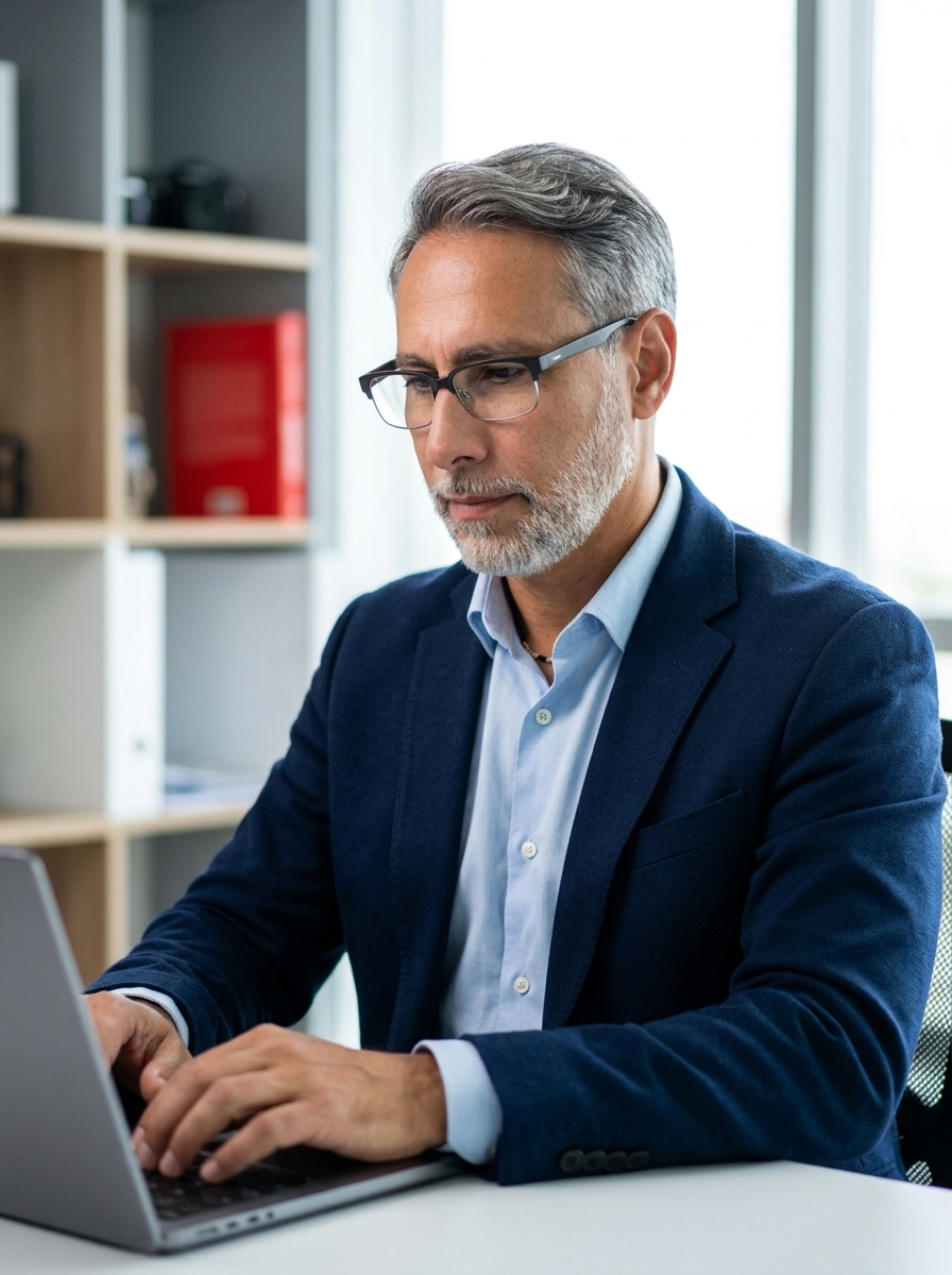 Stefano De Carlo alla scrivania digita un'email